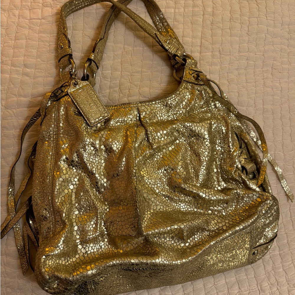Coach Very Rare Maggie Metallic Crackled Leather Shoulder Bag